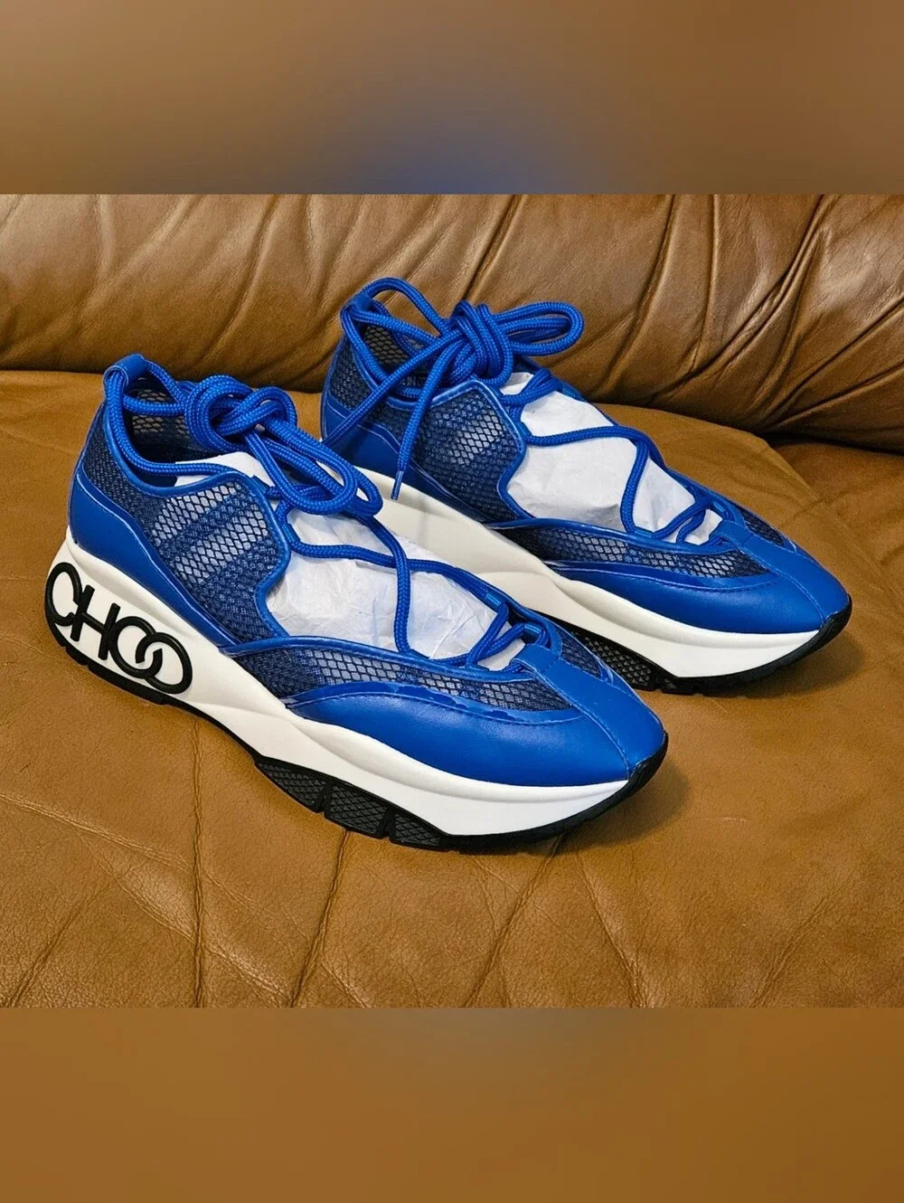 New Women's Jimmy Choo Blue Leather Strappy Lace Designer Sneakers Size 5.5 US